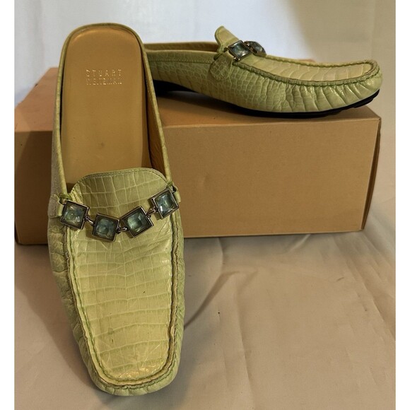 Stuart Weitzman Light Green Croc Embossed Leather Loafer Slide Rhinestone Sz 8N - Picture 1 of 6